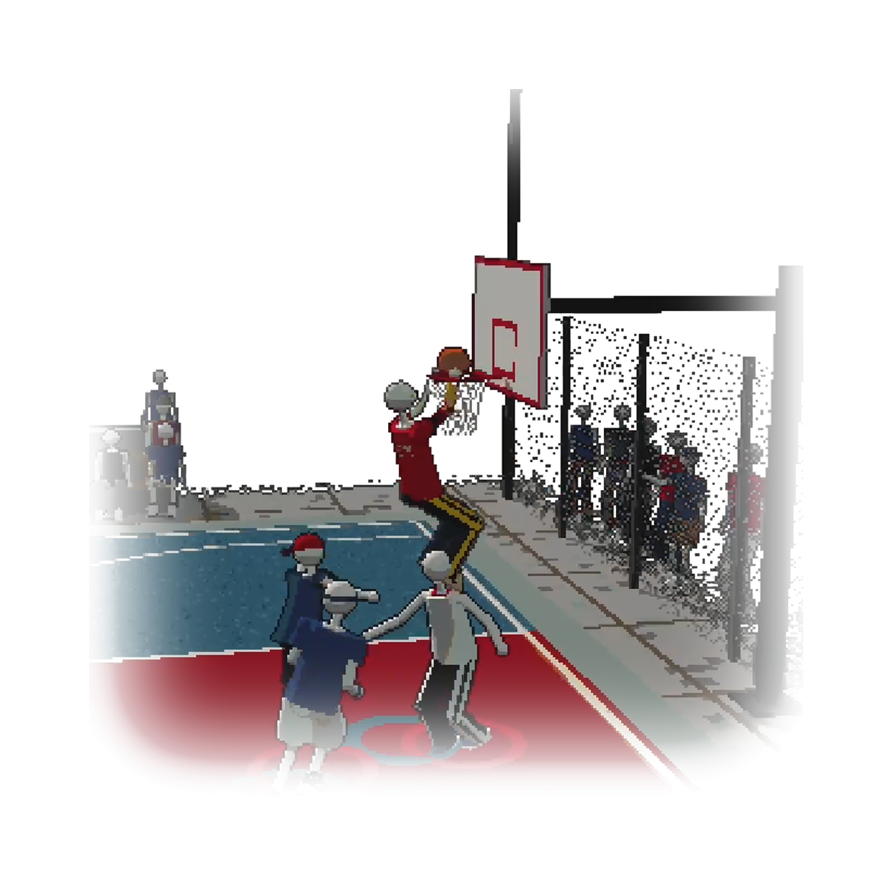 A BLACKTOP player in red hangs on the rim after a dunk on an outdoor court.