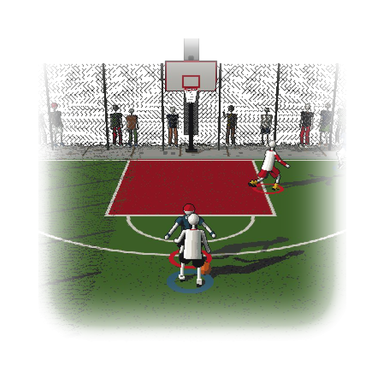 A pixel-art cage court in Tokyo from BLACKTOP, with a crowd pressed against the fence.