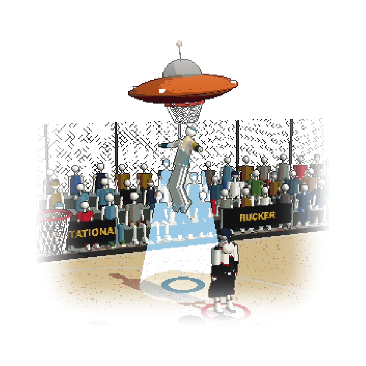 At Rucker Park in BLACKTOP, a UFO beam lifts a player above the court while the crowd cheers.