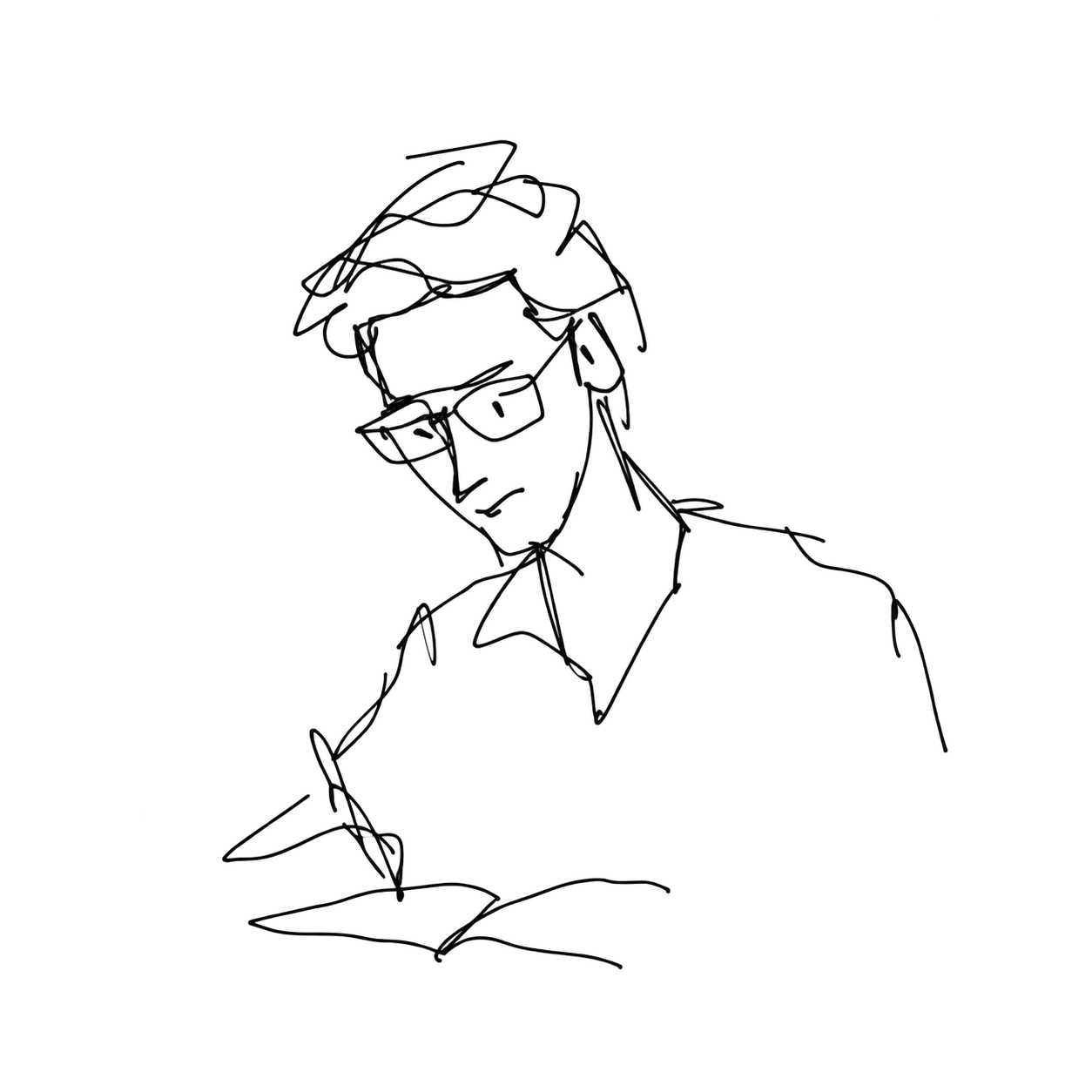 A sparse side-view sketch of Rishi leaning over a notebook and writing.